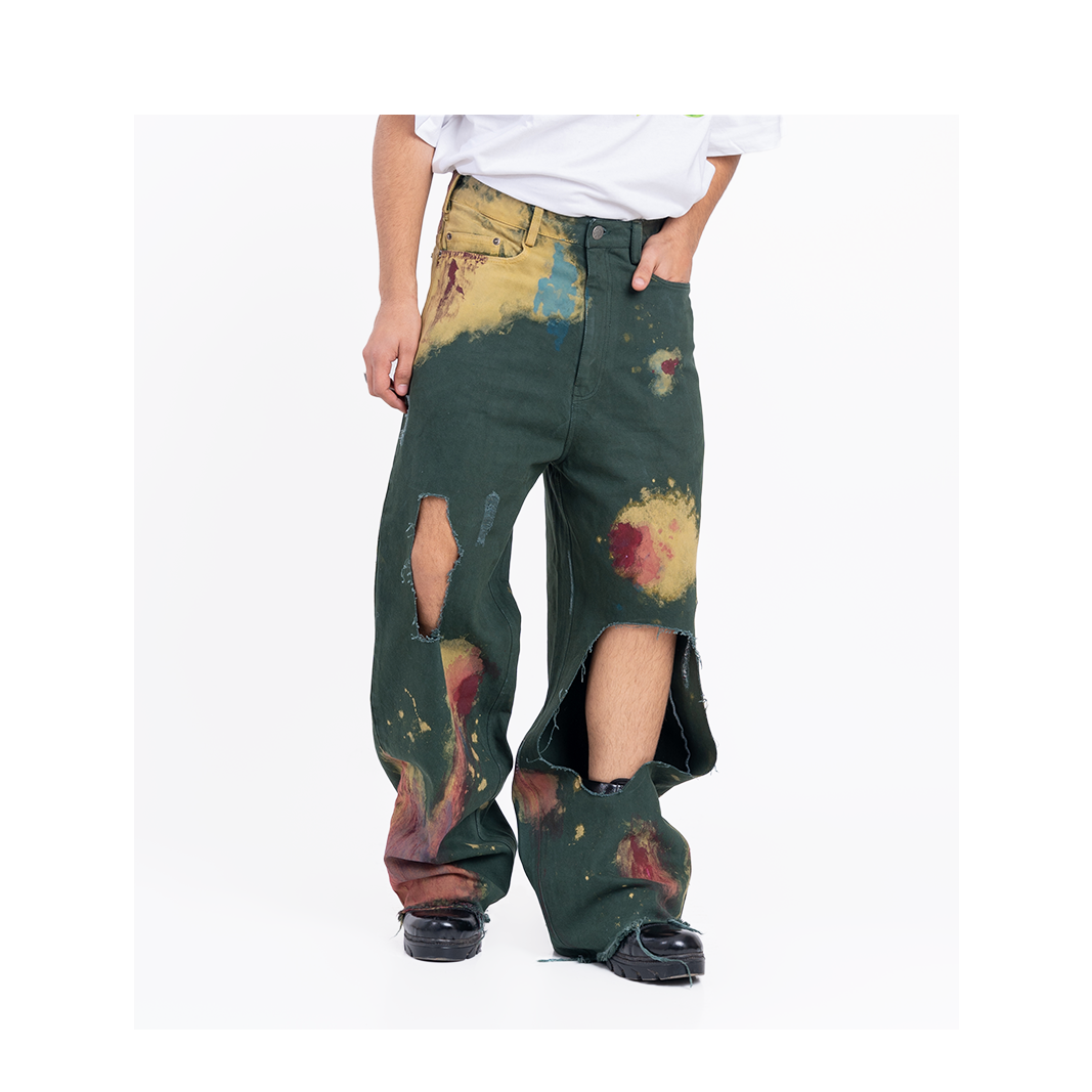 Huemn Blood Washed Wide Leg Ripped Denims (Emerald Green)