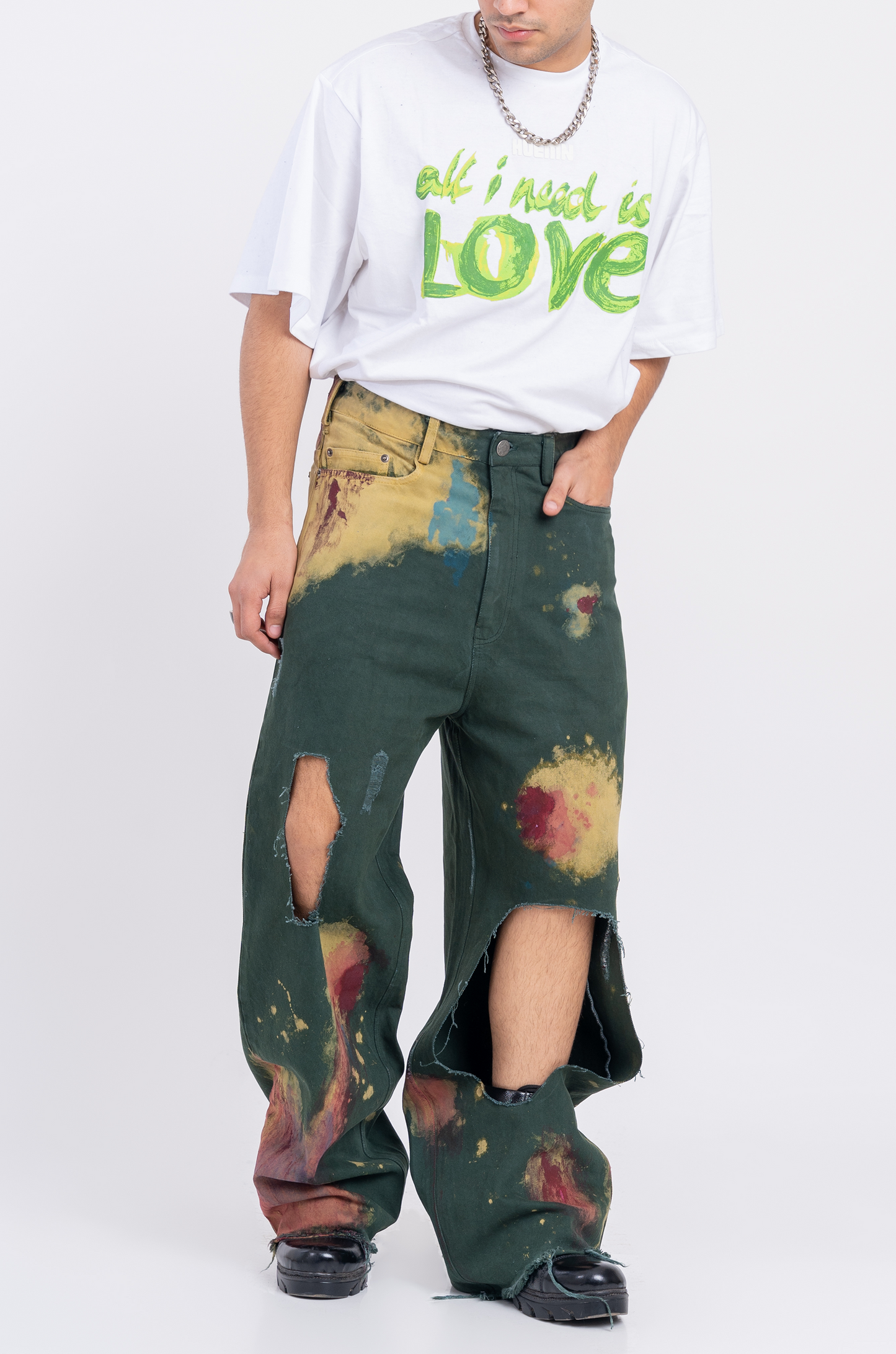 Huemn Blood Washed Wide Leg Ripped Denims (Emerald Green)