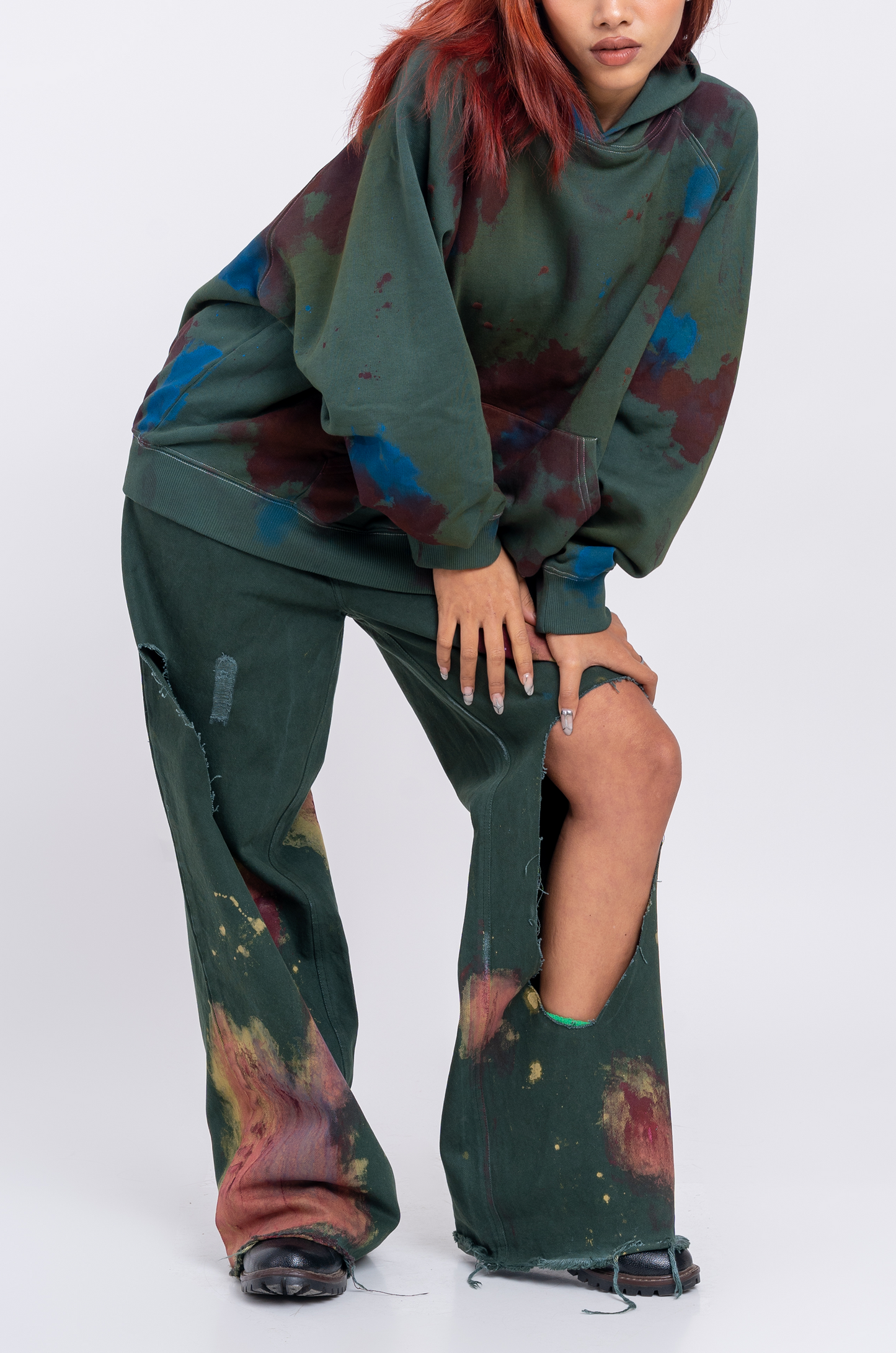 Huemn Blood Washed Wide Leg Ripped Denims (Emerald Green)