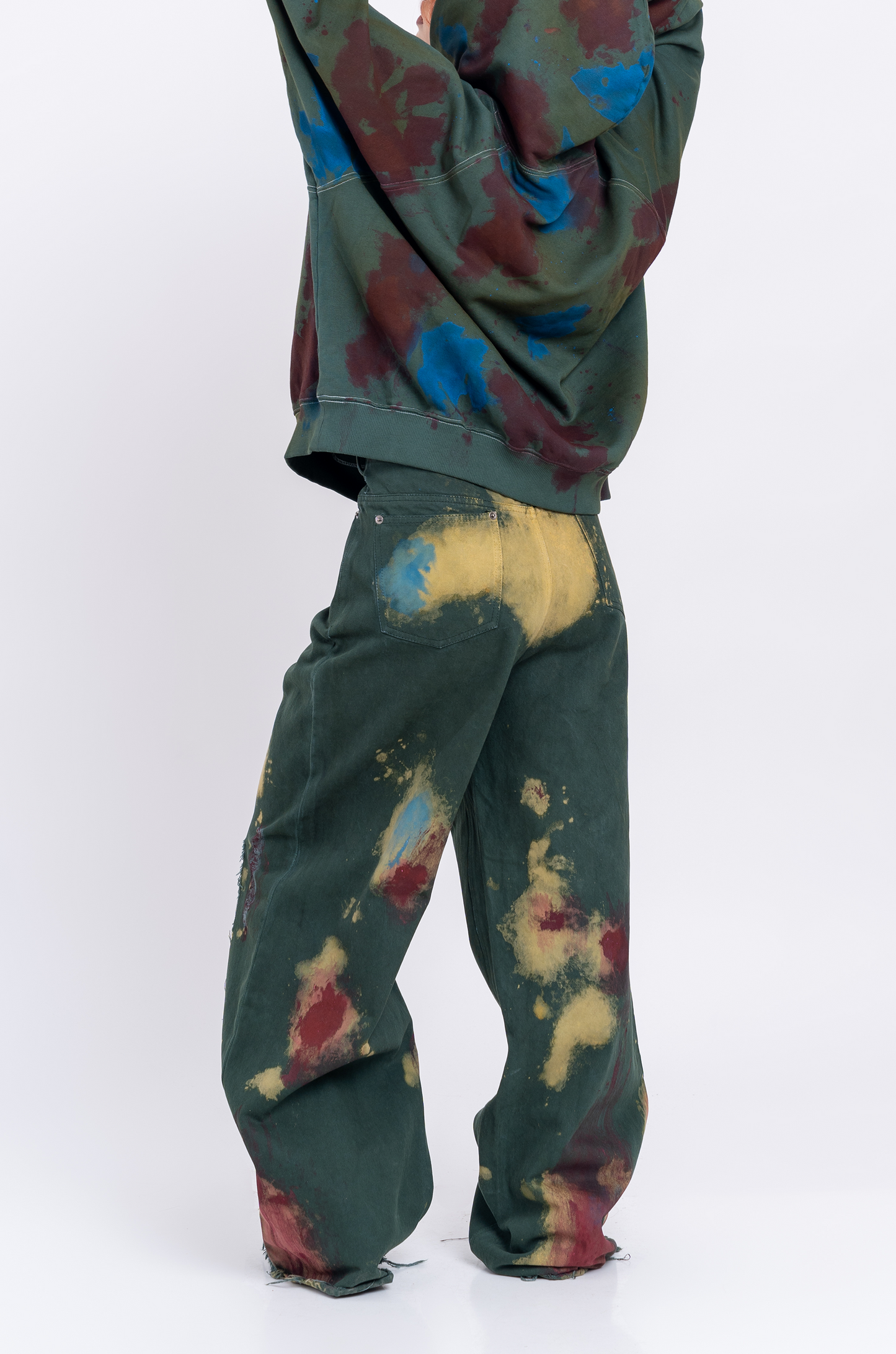 Huemn Blood Washed Wide Leg Ripped Denims (Emerald Green)