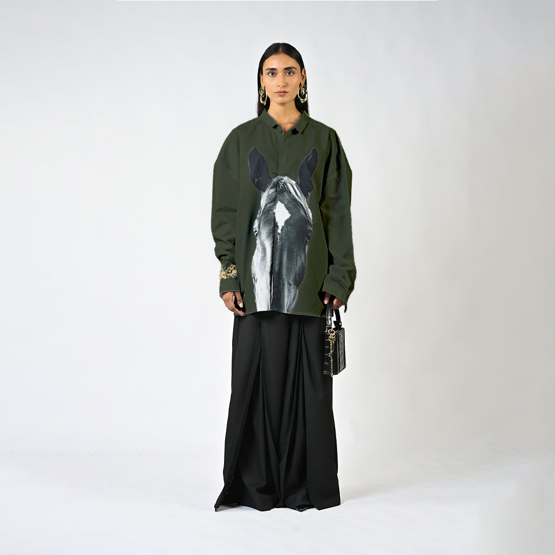 Horse printed cotton shirt - Dark Green
