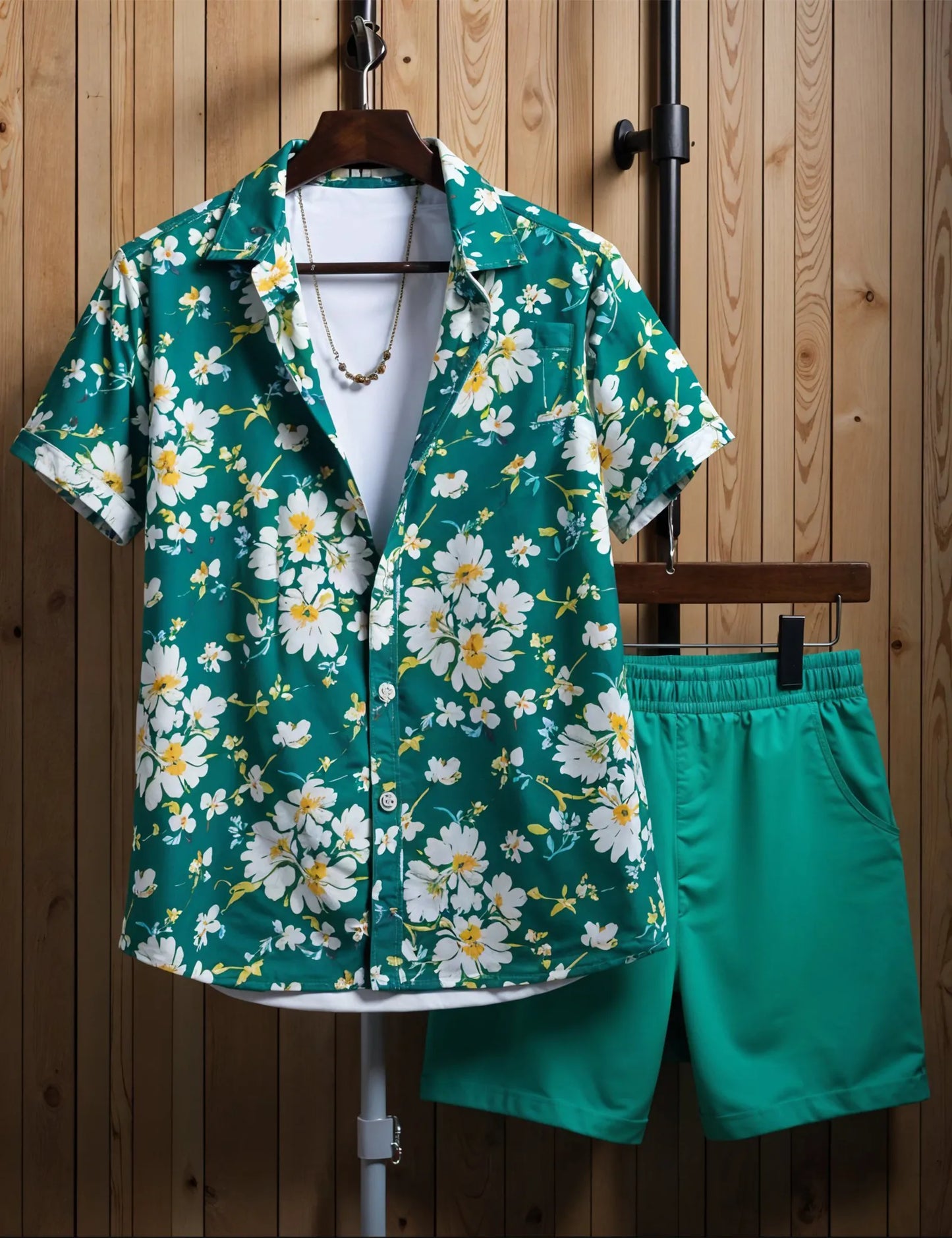 Men's Tropical Green Floral Shirt & Shorts Set – Bold Summer Beachwear 2-Piece Outfit - Prime Fitz