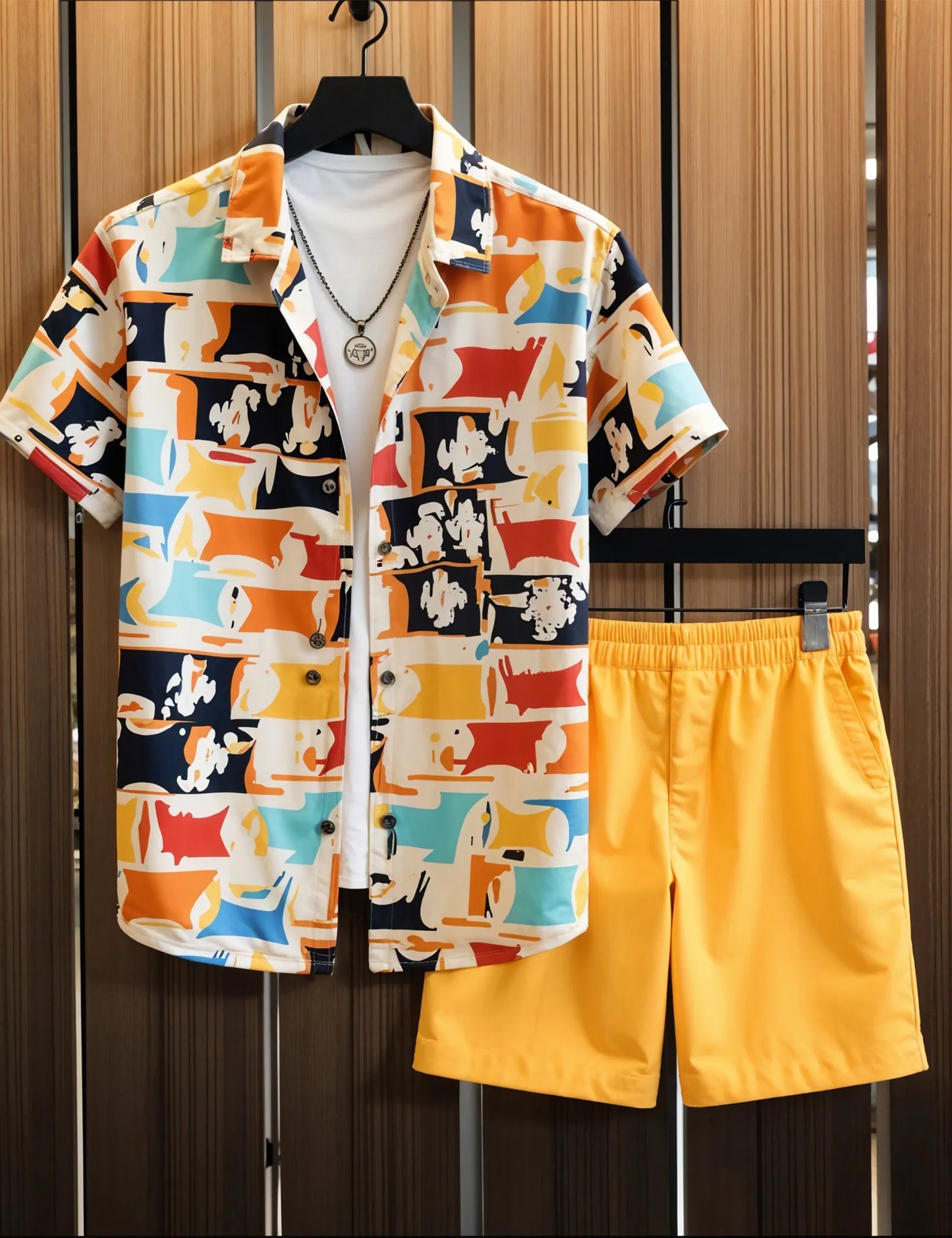 Men's Abstract Print Shirt and Yellow Shorts Set – Vibrant Summer Streetwear Outfit - Prime Fitz