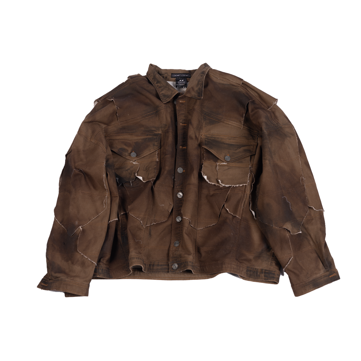 Oversized unisex jacket with 100 patched panels and hand-painted mud washed surface (Brown)