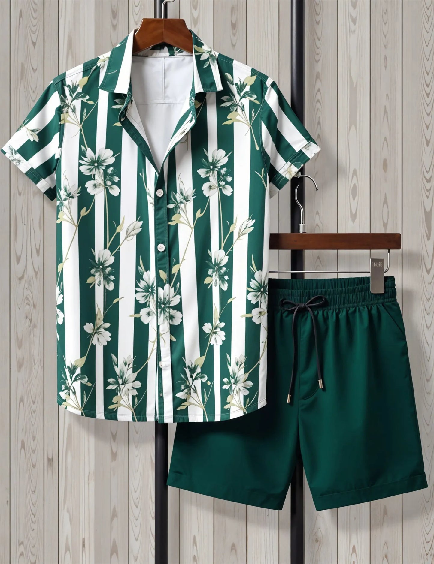 Men's Green Striped Floral Shirt & Shorts Set – Casual Summer Two-Piece Outfit - Prime Fitz