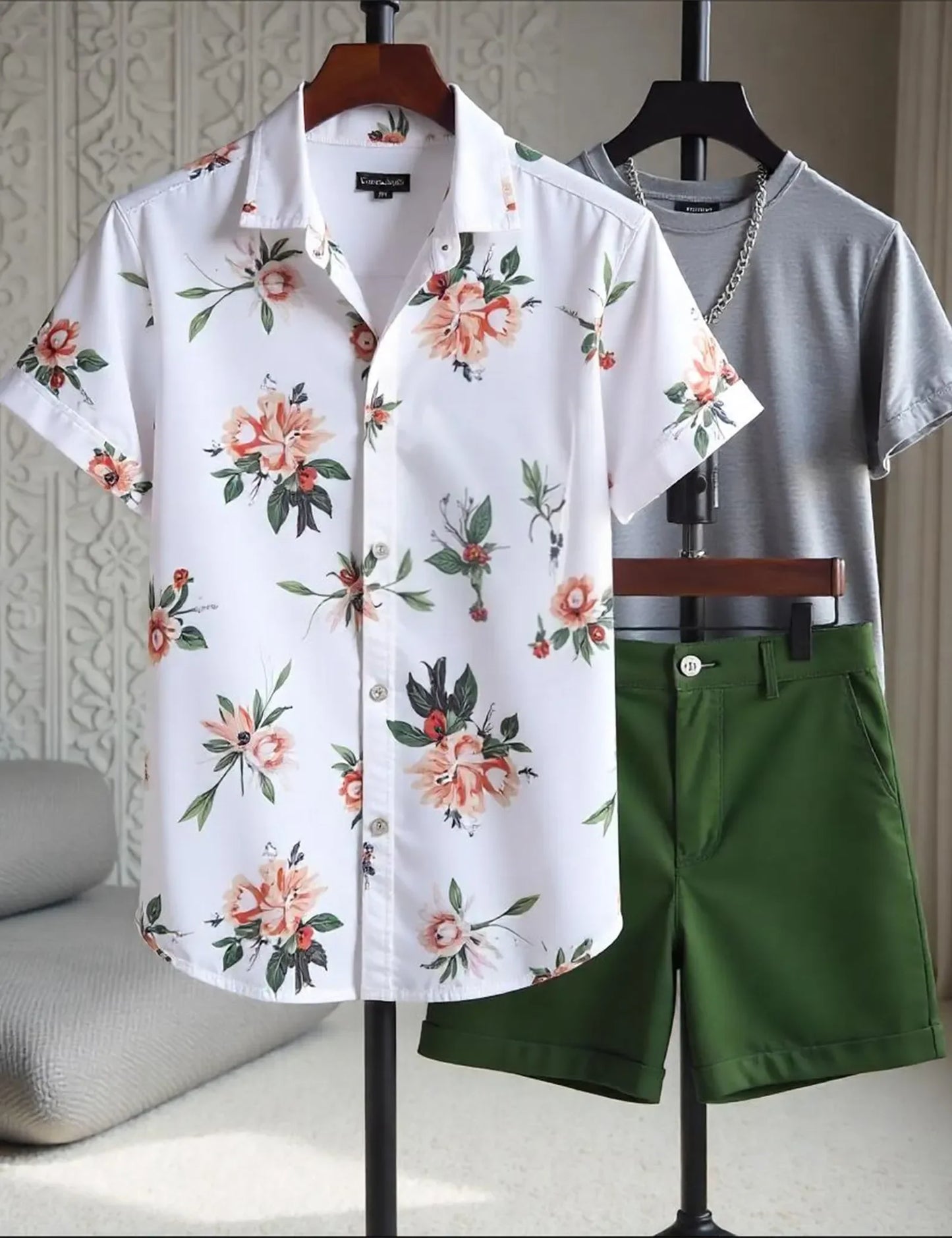 Men's Floral Print Shirt & Green Shorts Set – Casual Summer Vacation Outfit - Prime Fitz
