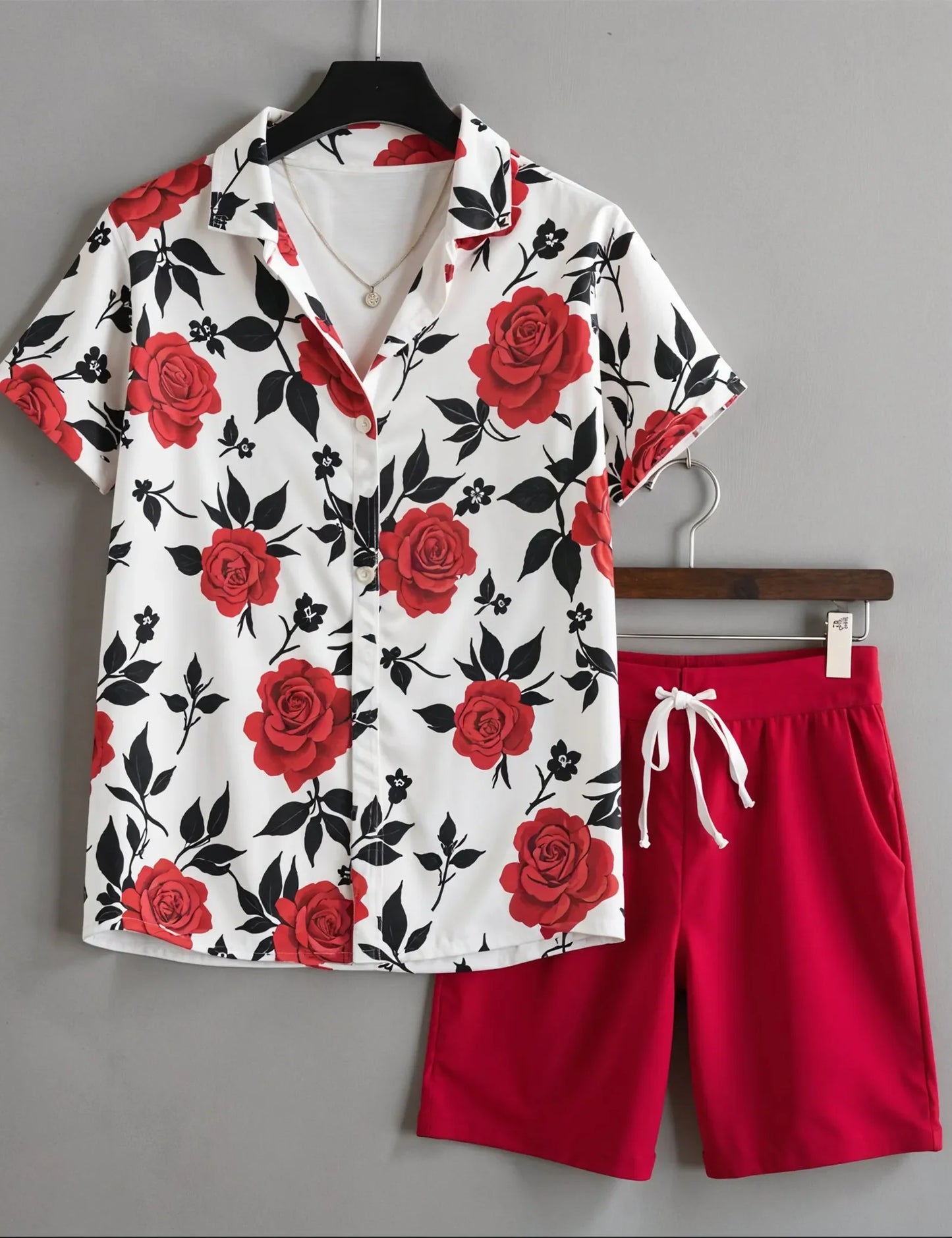 Men's Red Rose Floral Print Shirt & Shorts Set – Casual Summer 2-Piece Outfit - Prime Fitz