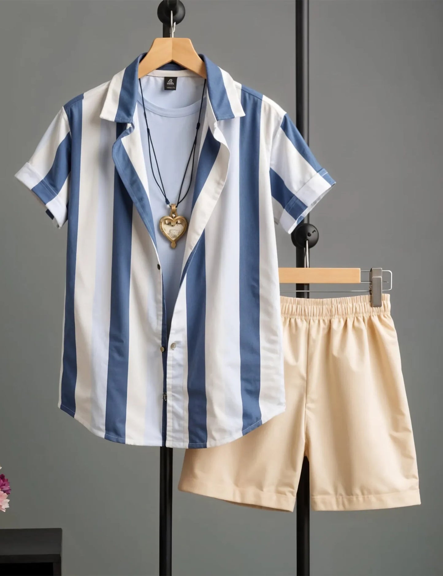 Men's Blue & White Vertical Stripe Shirt with Beige Shorts – Casual Summer Outfit Set - Prime Fitz