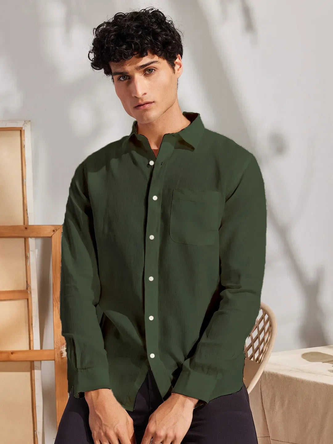 Solid Dark Green Premium Cotton Casual Full Sleeve Shirt for Men - Prime Fitz