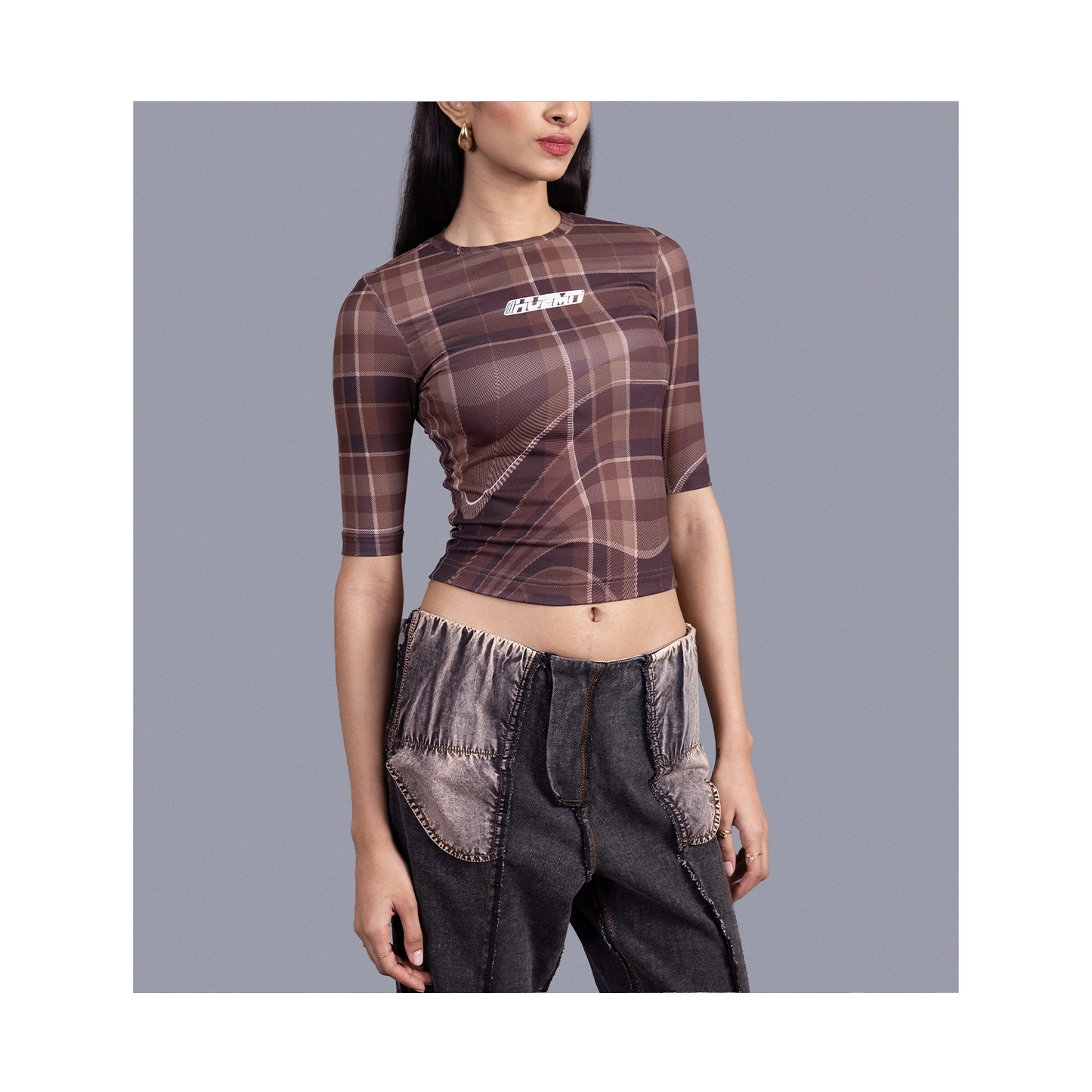 Women's fitted t-shirt in madras checks pattern (Brown)