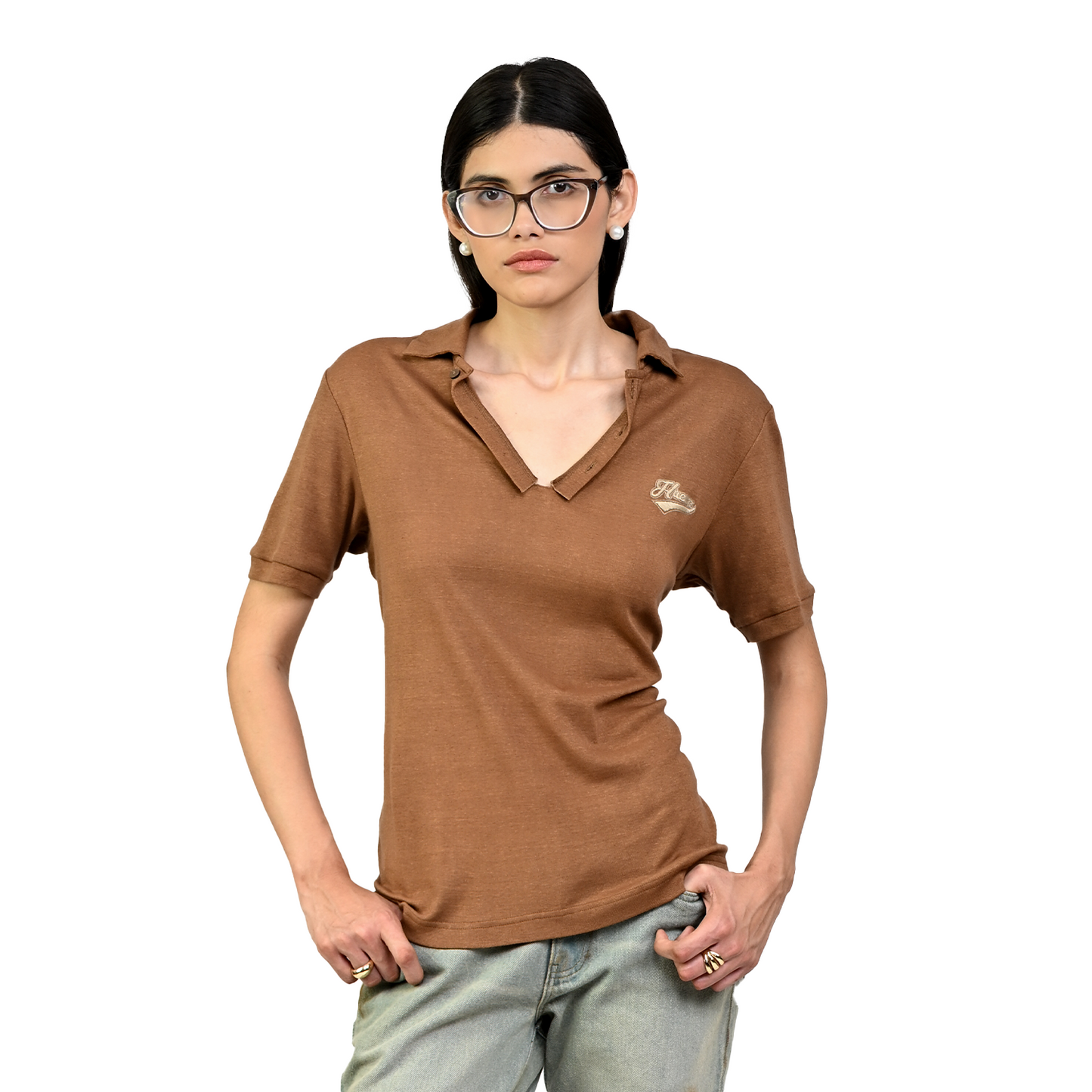 Polo T-shirt with deconstructed detail (Women's)-Brown