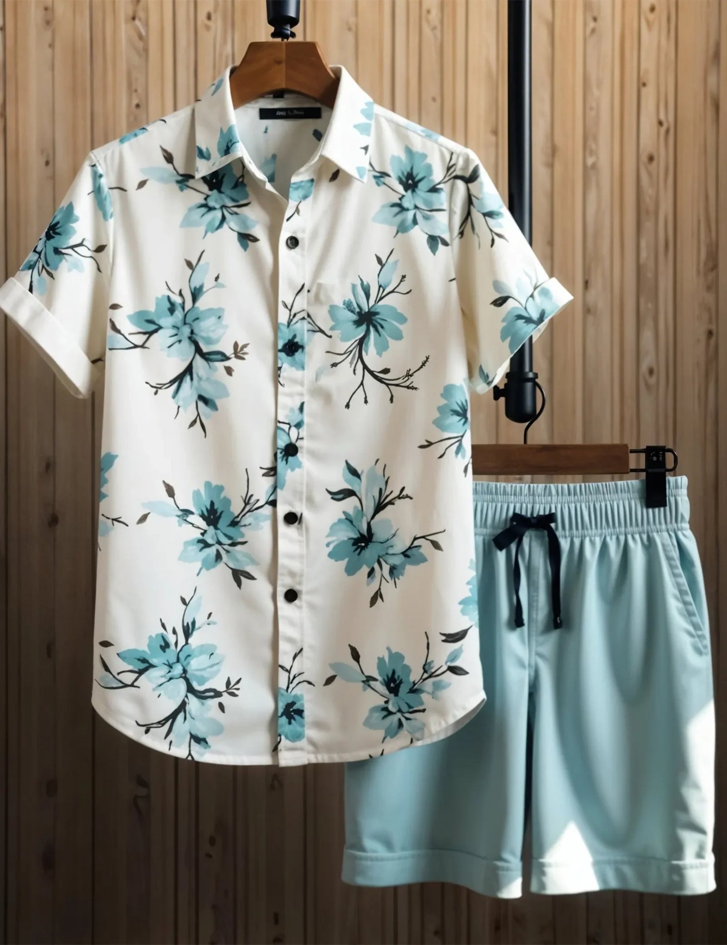 Men's Light Blue Floral Print Shirt & Shorts Set – Casual Summer Beachwear 2-Piece Outfit - Prime Fitz