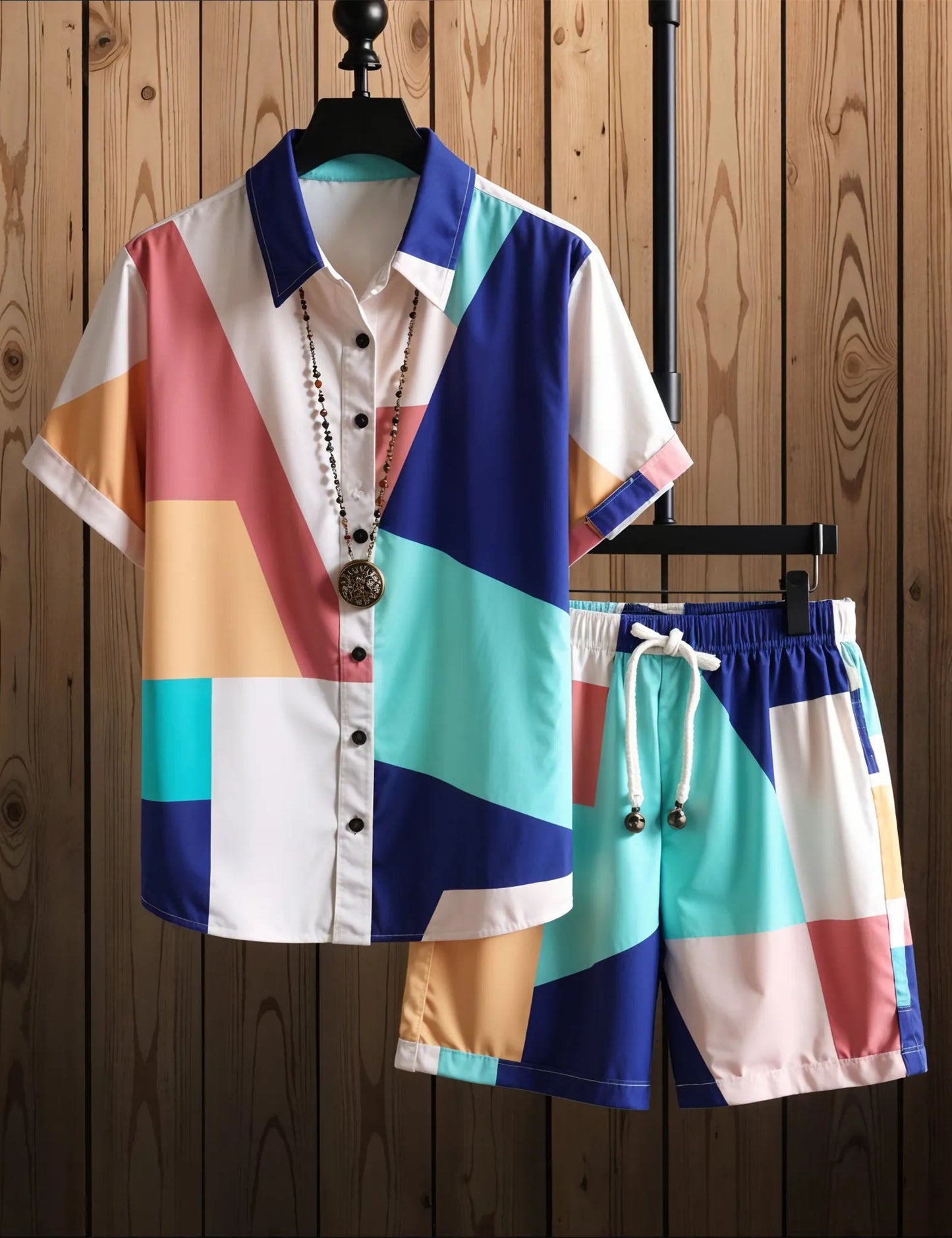 Men's Color Block Short Sleeve Shirt & Shorts Set – Vibrant Geometric Summer Outfit - Prime Fitz