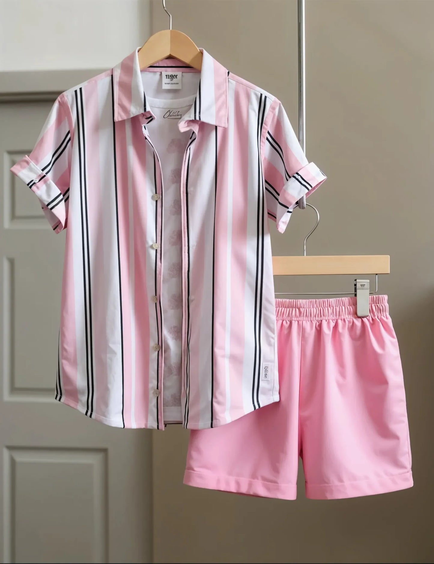 Men's Pink Striped Shirt & Shorts Set – Stylish Summer Two-Piece Outfit - Prime Fitz
