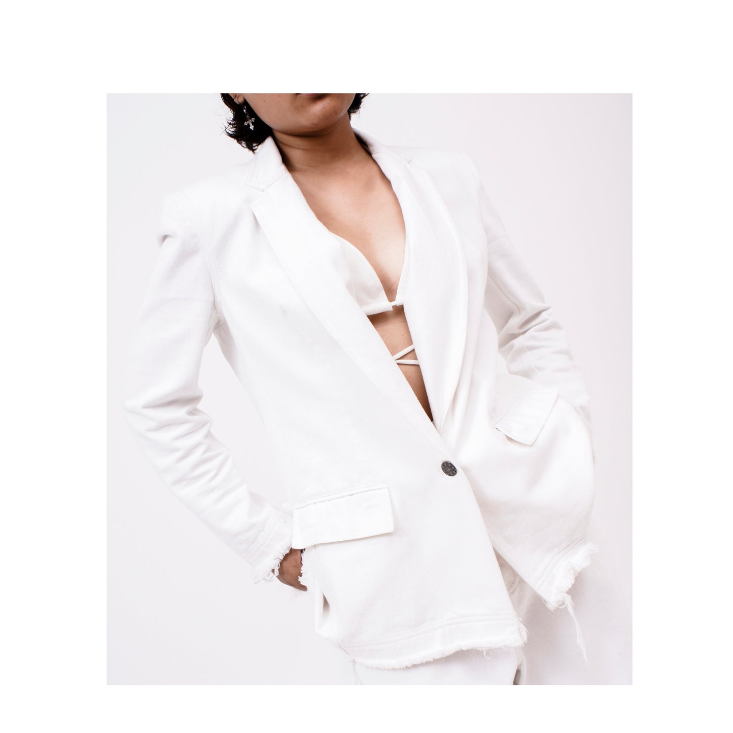 Distressed Denim Blazer (White)