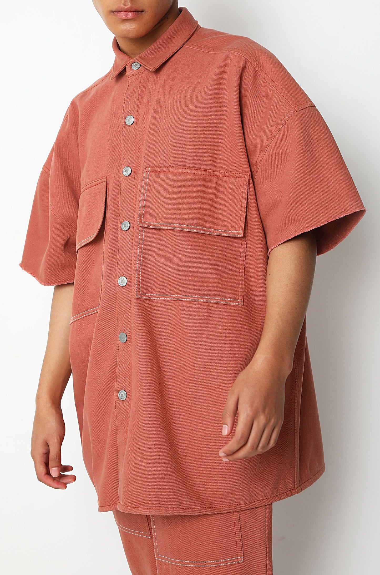 Denim Over-Shirt With Patched Pockets (Rust)