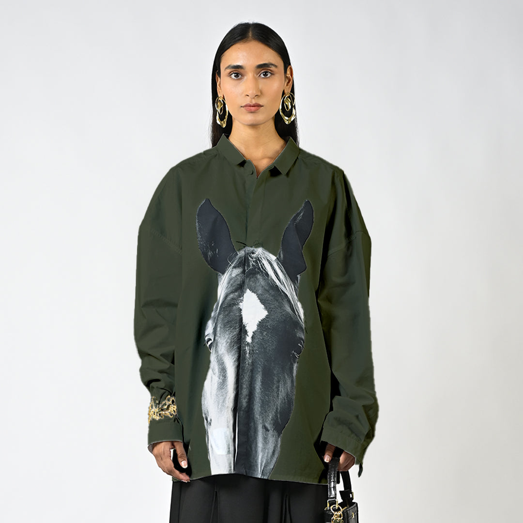 Horse printed cotton shirt - Dark Green