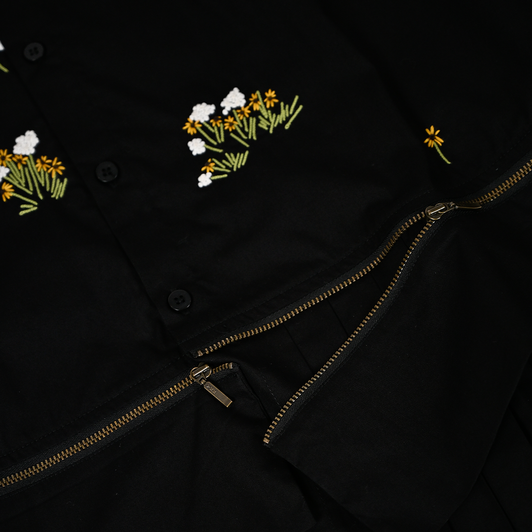 Oversized hand embroidered shirt dress with Zipper Detail (Black)