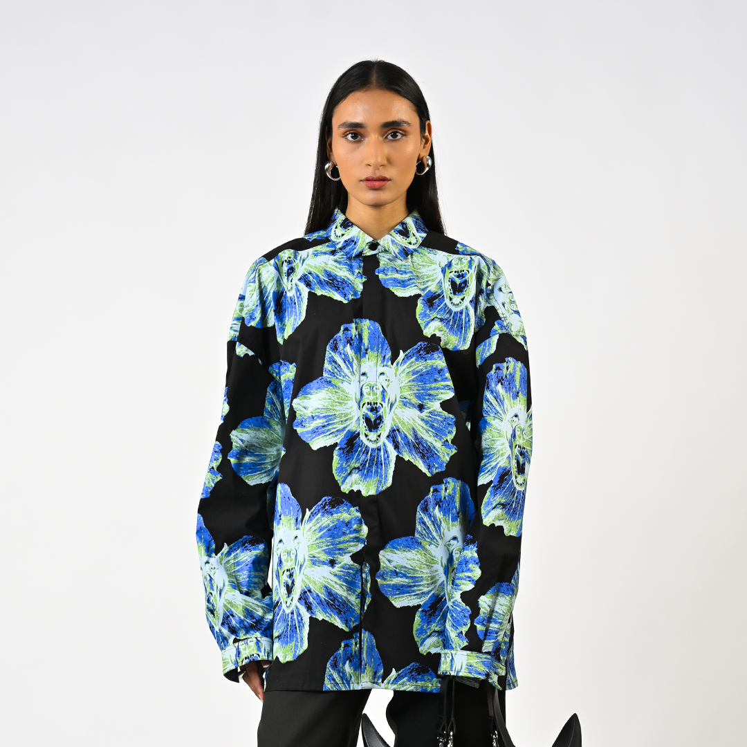 Canine printed oversized cotton shirt - Black