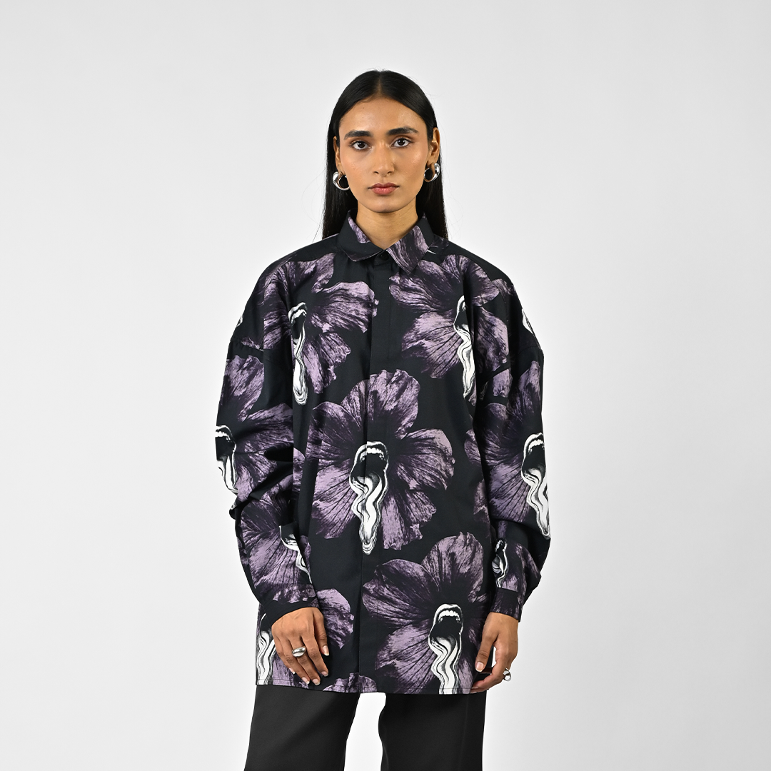 Tongue-printed oversized cotton shirt