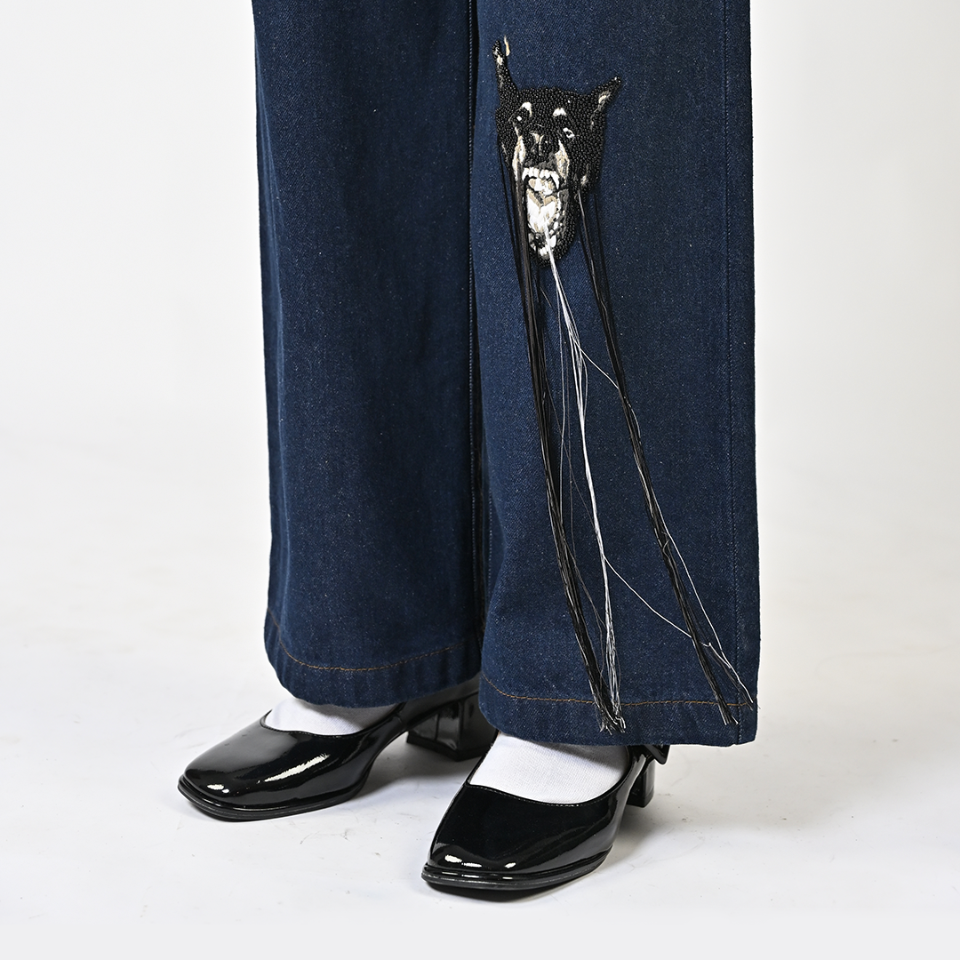 Straight fit hand-embroidered canine denim