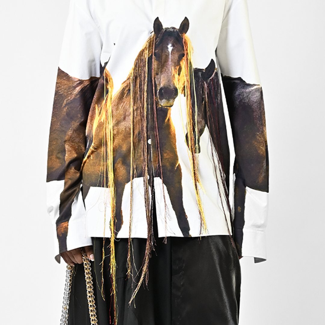 Horse printed cotton shirt with hanging silk threads and synthetic hair