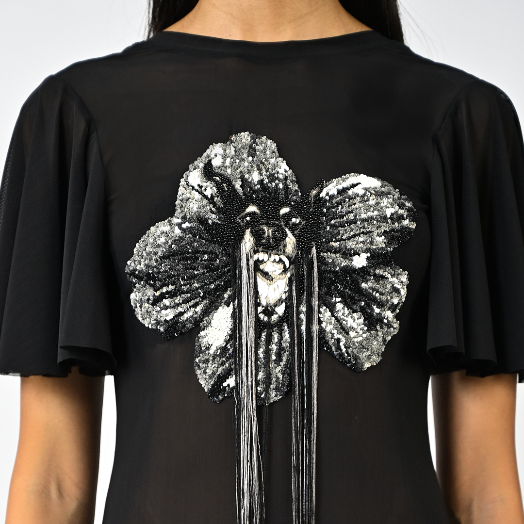 Sculpted black hand-embroidered lycra dress