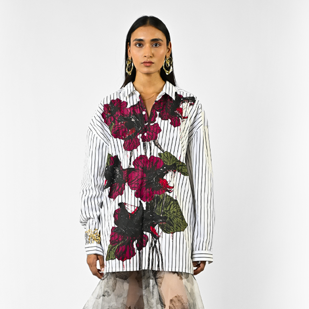 Fanged floral pinstriped cotton shirt