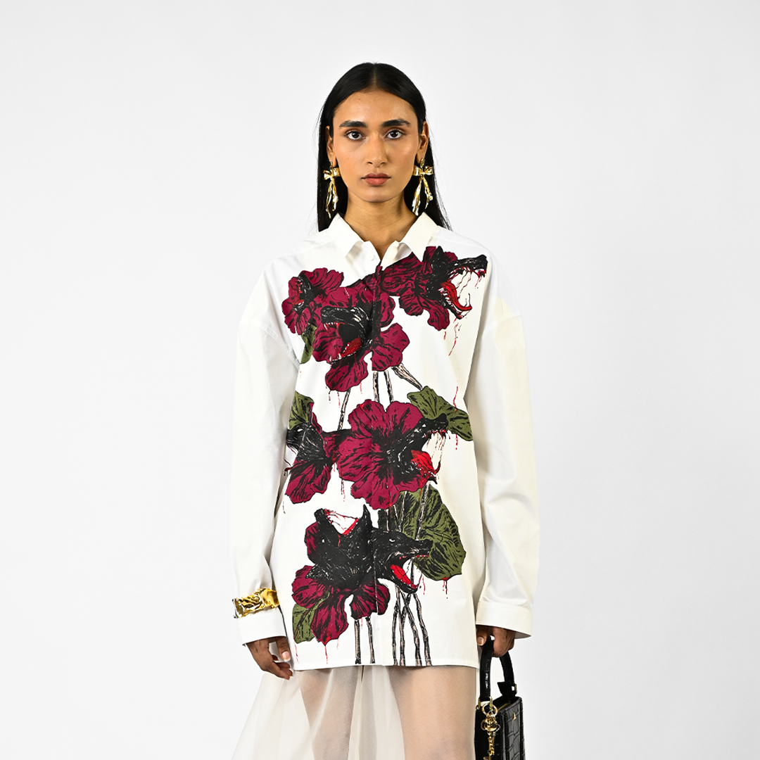 Fanged floral cotton shirt - White