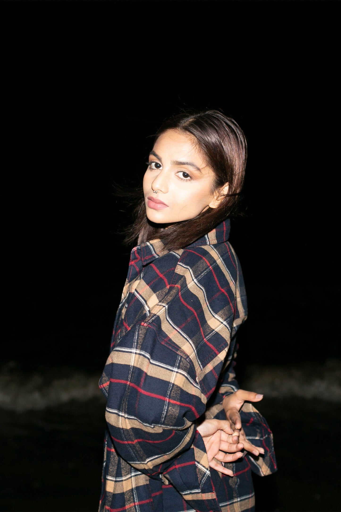 Dark Navy Blue Checkered Plaid Oversized Shirt