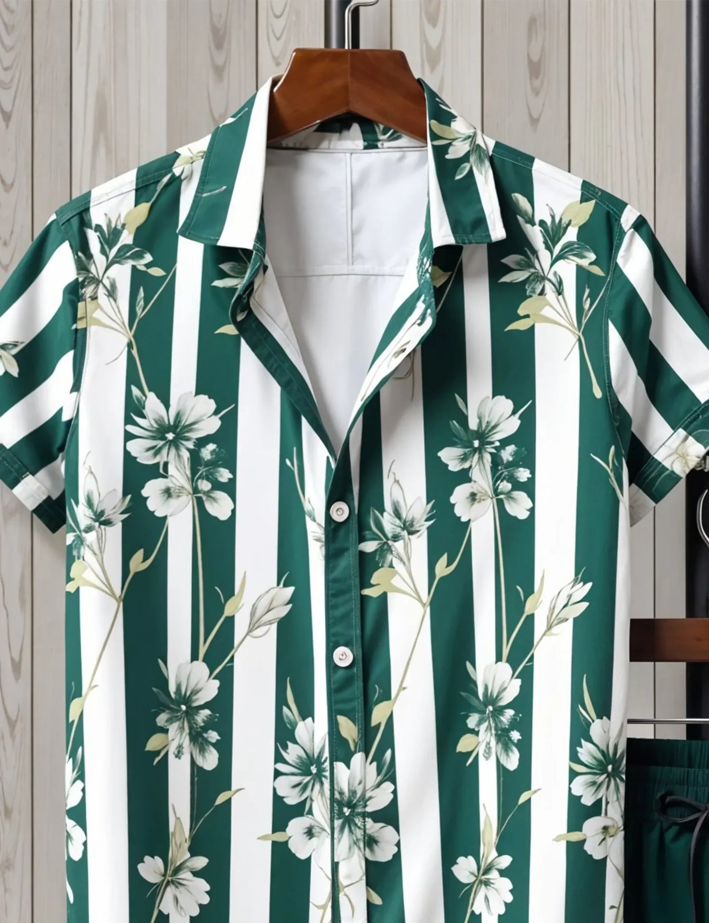 Men's Green Striped Floral Shirt & Shorts Set – Casual Summer Two-Piece Outfit - Prime Fitz
