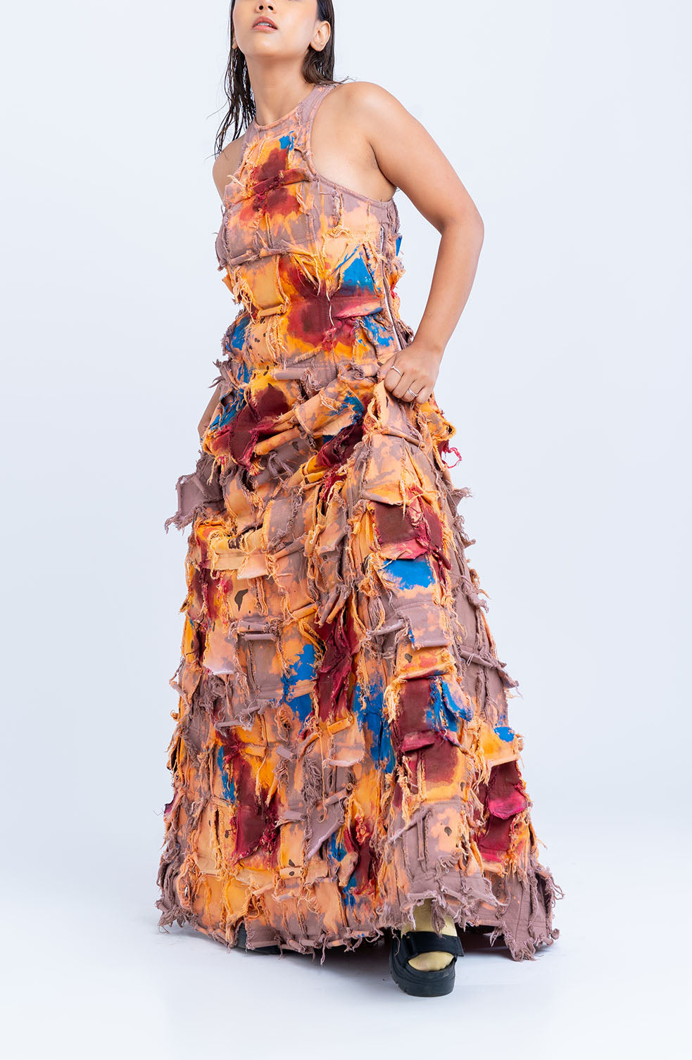 Handcrafted 1000 Panel Blood Washed Dress (Beige)