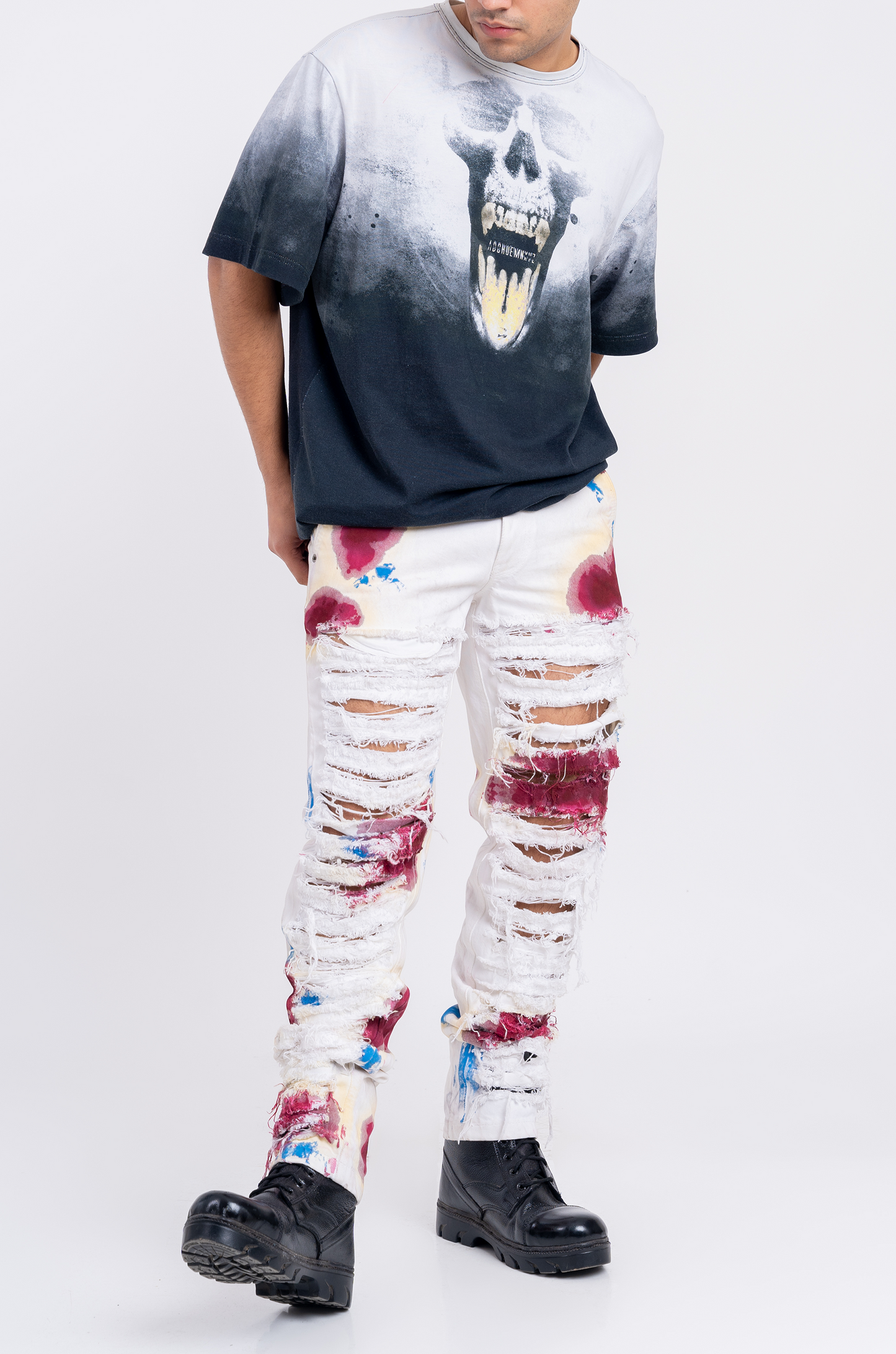 Huemn Blood Washed Slit And Frayed Denim (White)