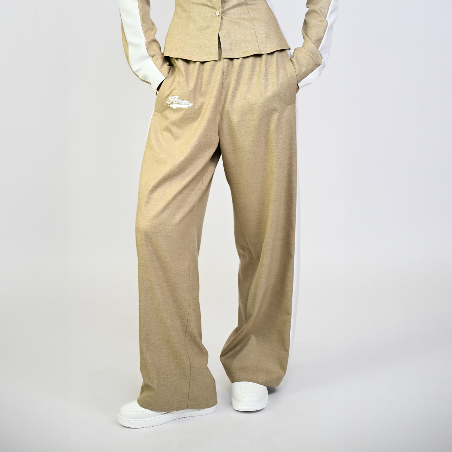 Embroidered trackpant with panelled detail (Beige)