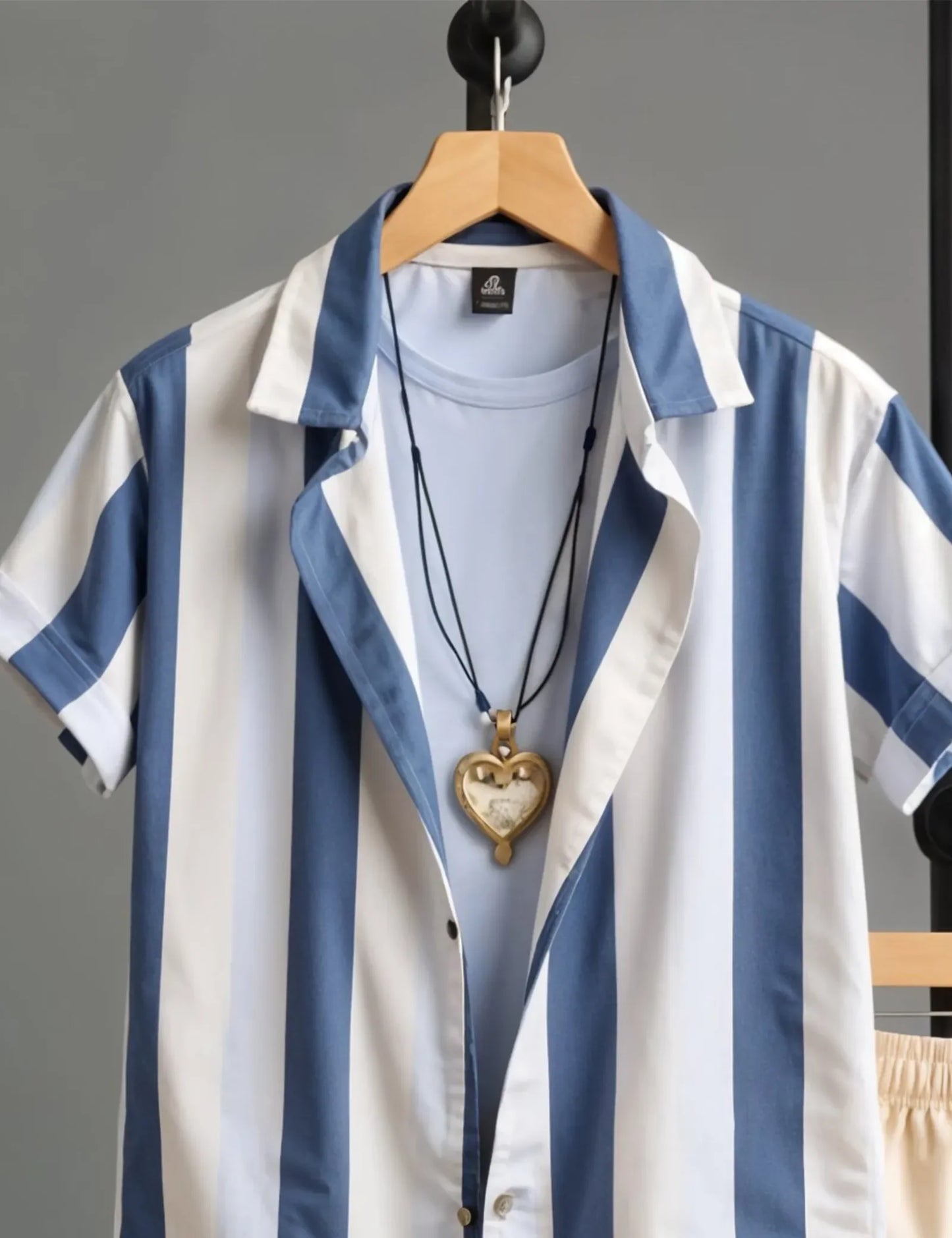 Men's Blue & White Vertical Stripe Shirt with Beige Shorts – Casual Summer Outfit Set - Prime Fitz