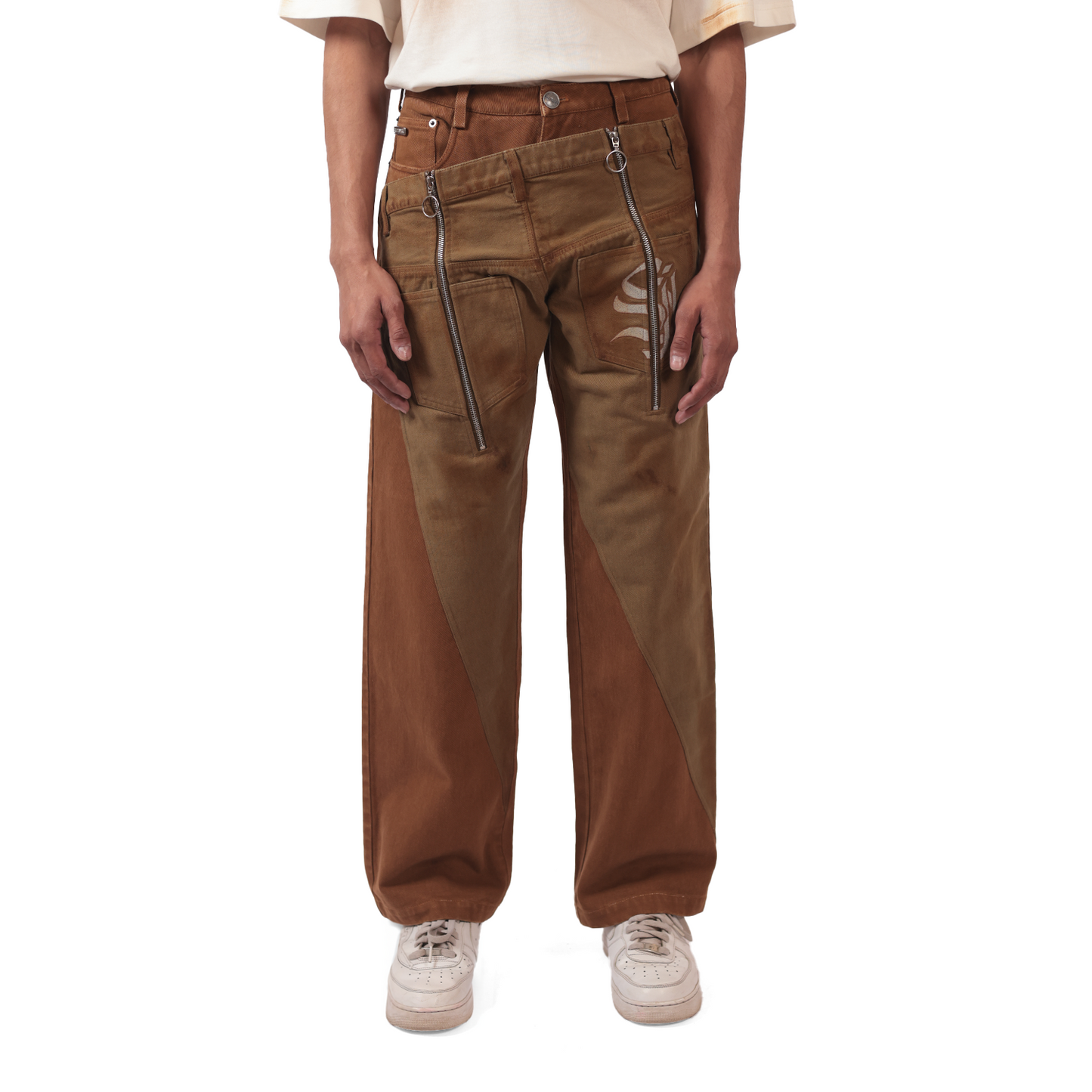 Shreyas Iyer x HUEMN de-constructed denim with a hand-painted mud-washed panel (Brown)