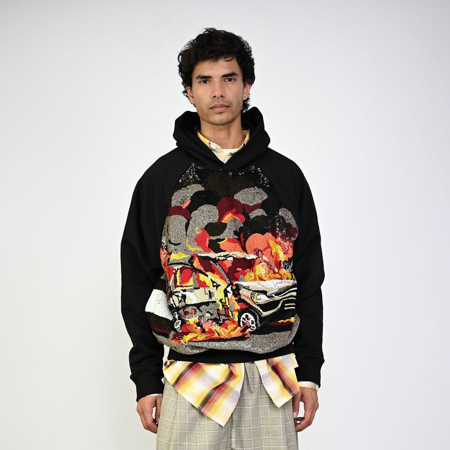 Hand embroidered sequined 'On fire' hoodie (Black)