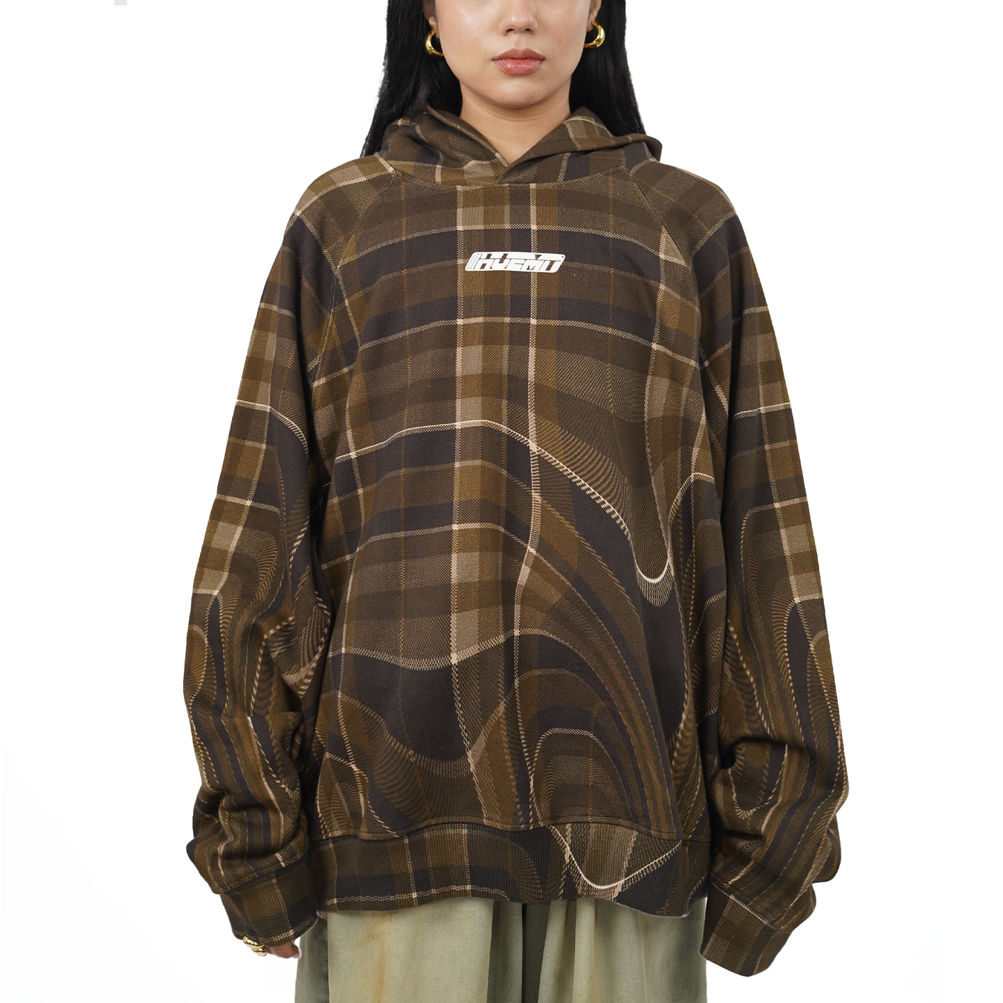 Oversized unisex hoodie in madras checks pattern (Brown)