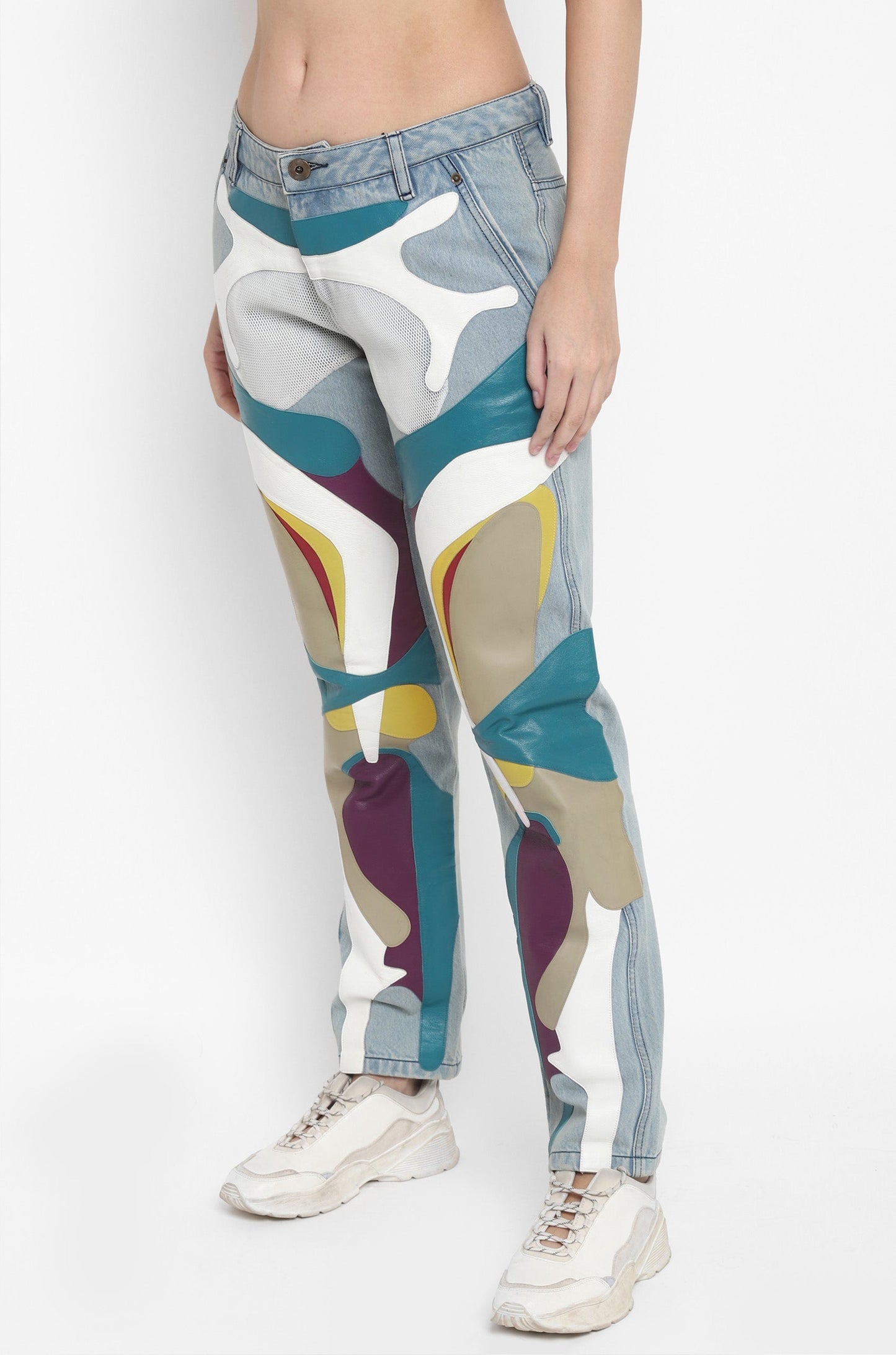 Panelled Multi-Material Jeans (Light Washed Blue)