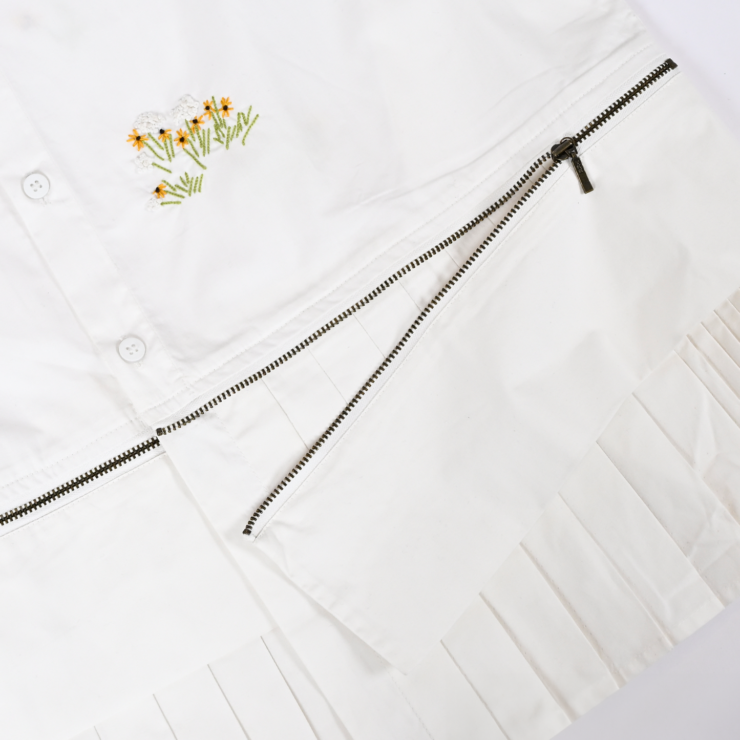 Oversized hand embroidered shirt dress with Zipper Detail (White)