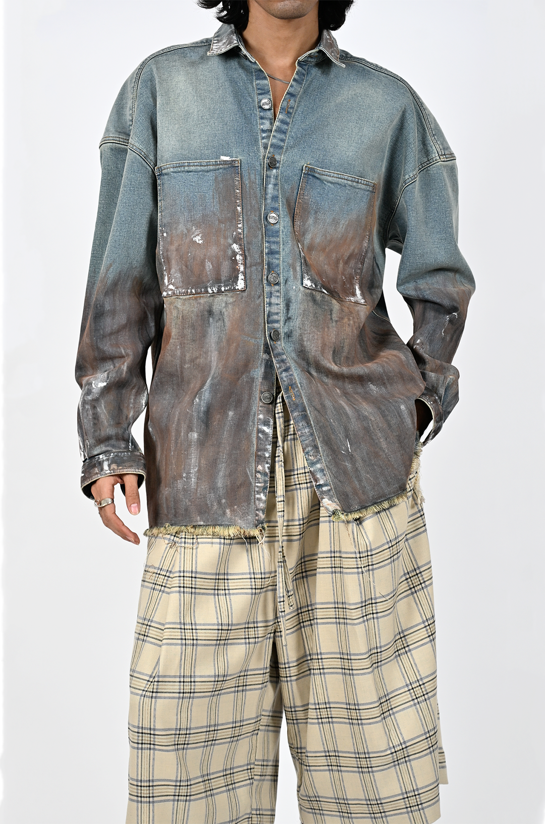 Oversized unisex denim shirt with hand-painted whitewash surface (Indigo)