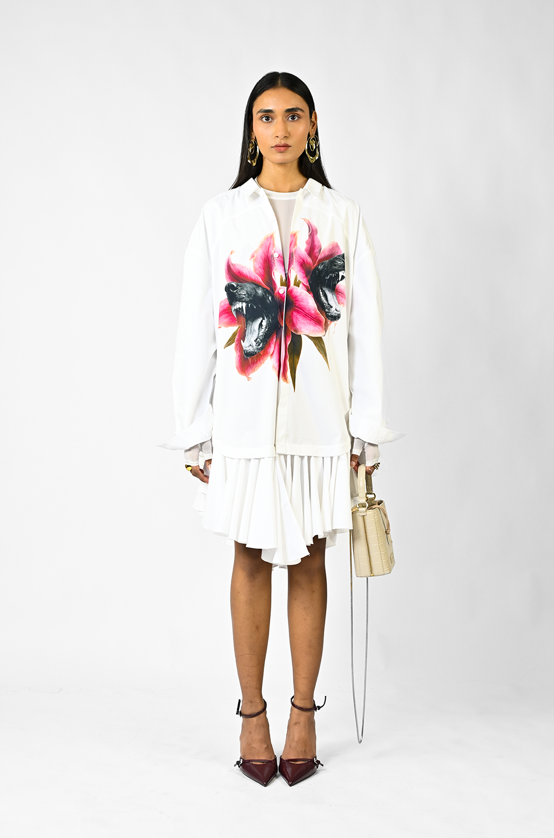 Fanged floral printed ruffle-edged shirt dress