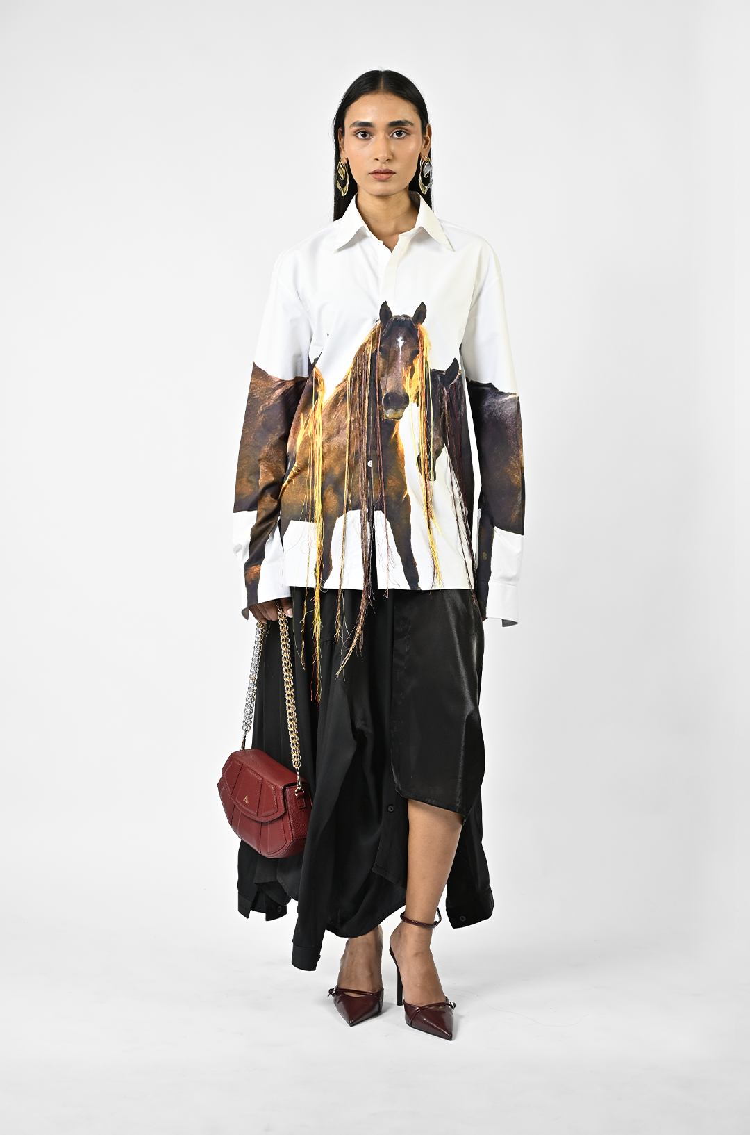 Horse printed cotton shirt with hanging silk threads and synthetic hair