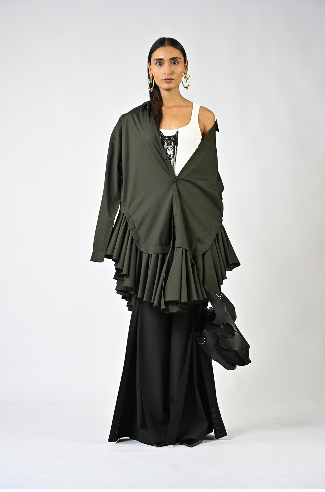 Plain ruffle-edged shirt dress