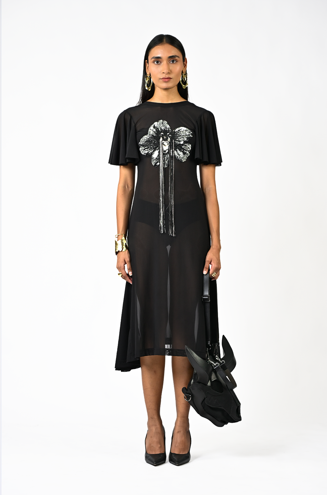 Sculpted black hand-embroidered lycra dress