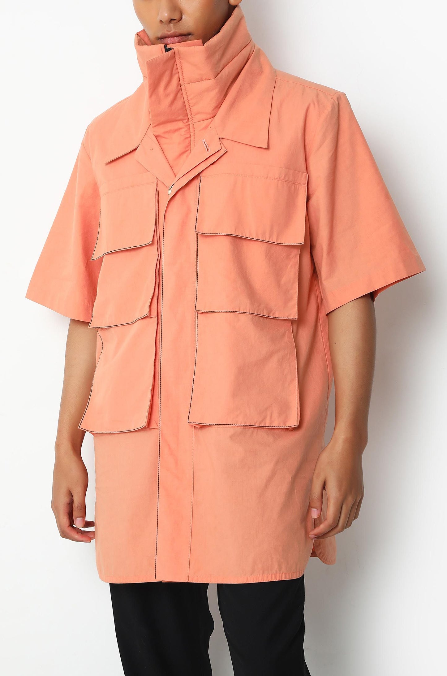 Salmon Safari Shirt With Puffer Neck Detail