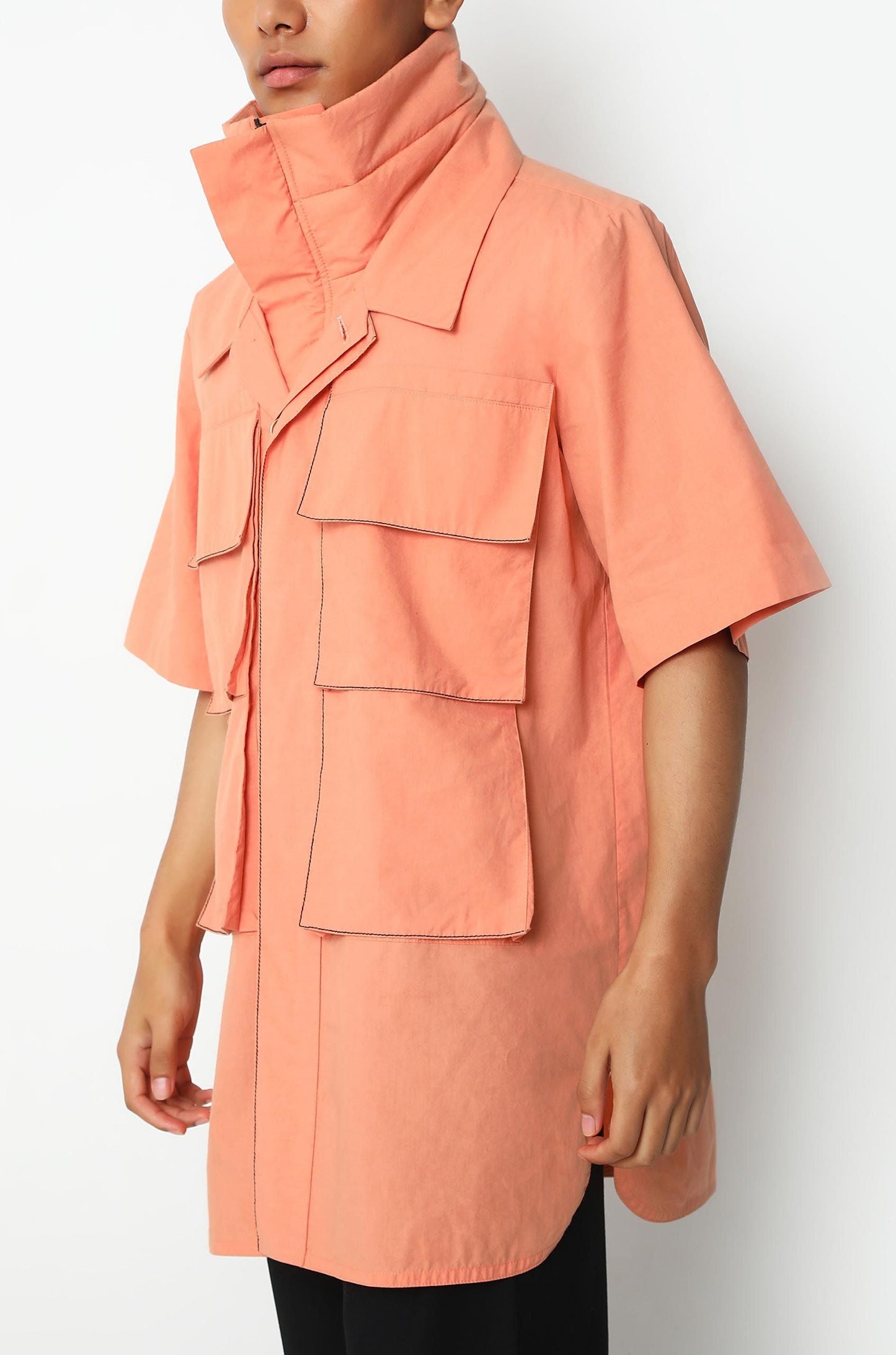 Salmon Safari Shirt With Puffer Neck Detail