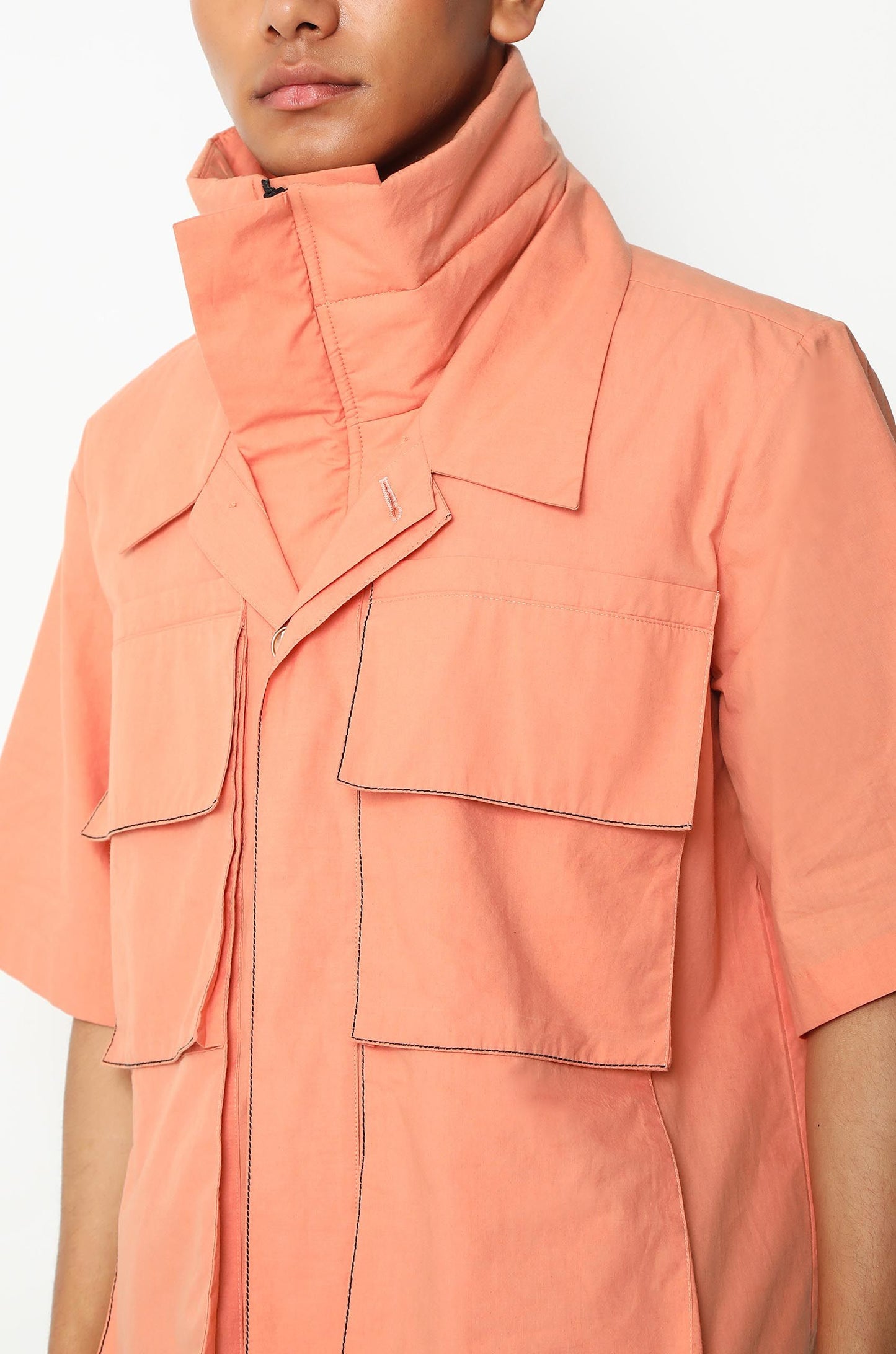 Salmon Safari Shirt With Puffer Neck Detail