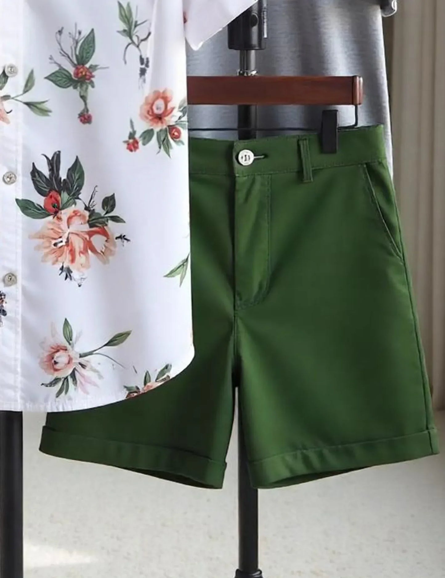 Men's Floral Print Shirt & Green Shorts Set – Casual Summer Vacation Outfit - Prime Fitz