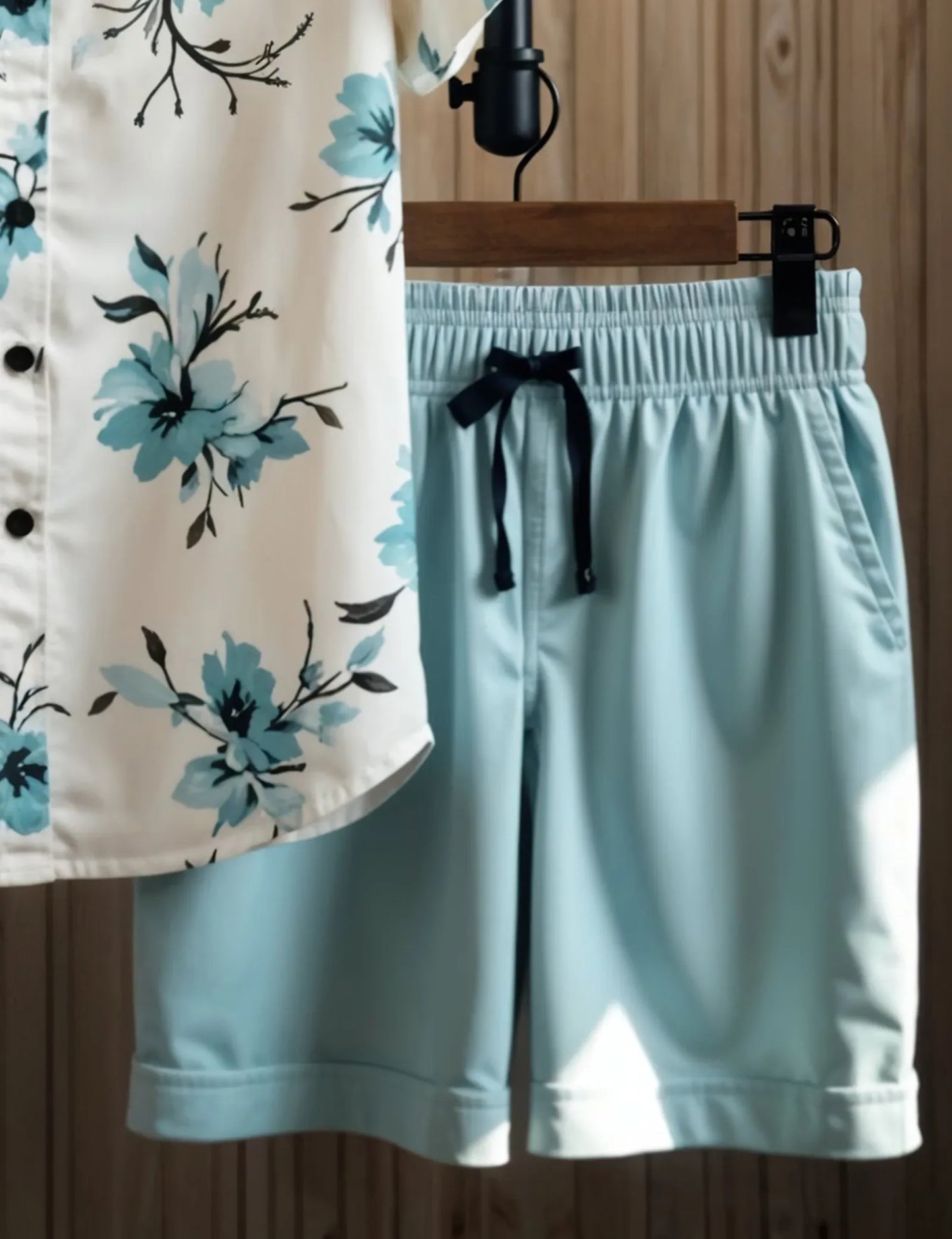 Men's Light Blue Floral Print Shirt & Shorts Set – Casual Summer Beachwear 2-Piece Outfit - Prime Fitz